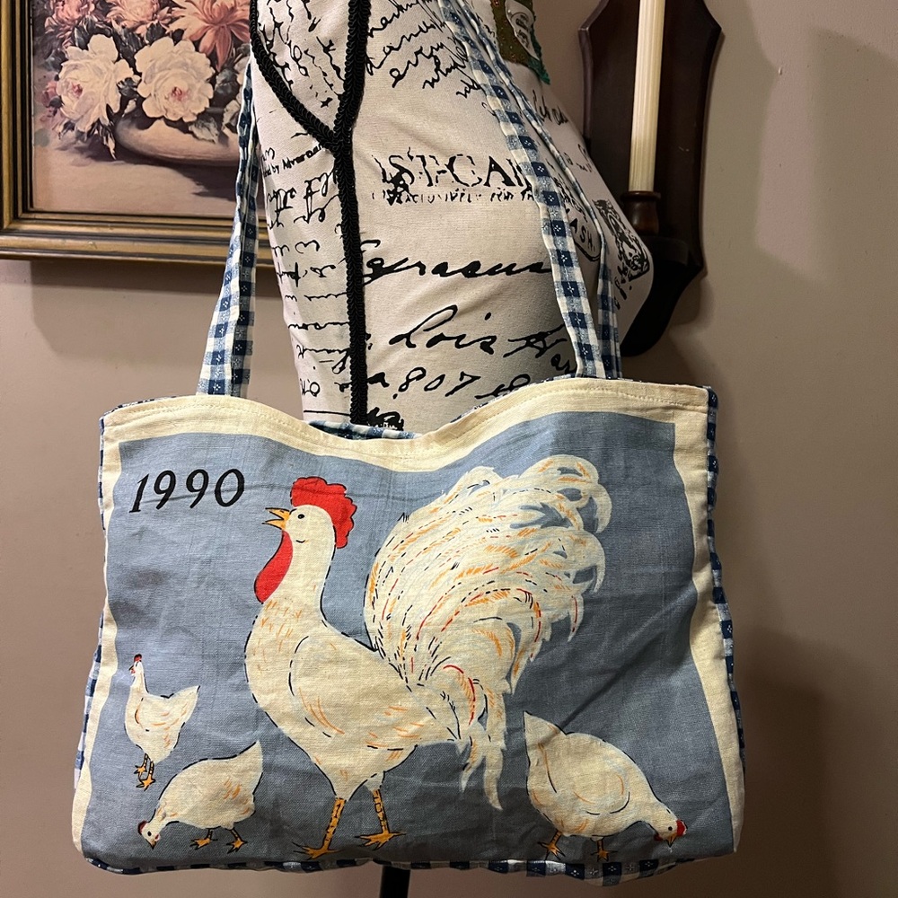 Vintage 1990 Rooster Wall Calendar Tote Bag - Blue and White